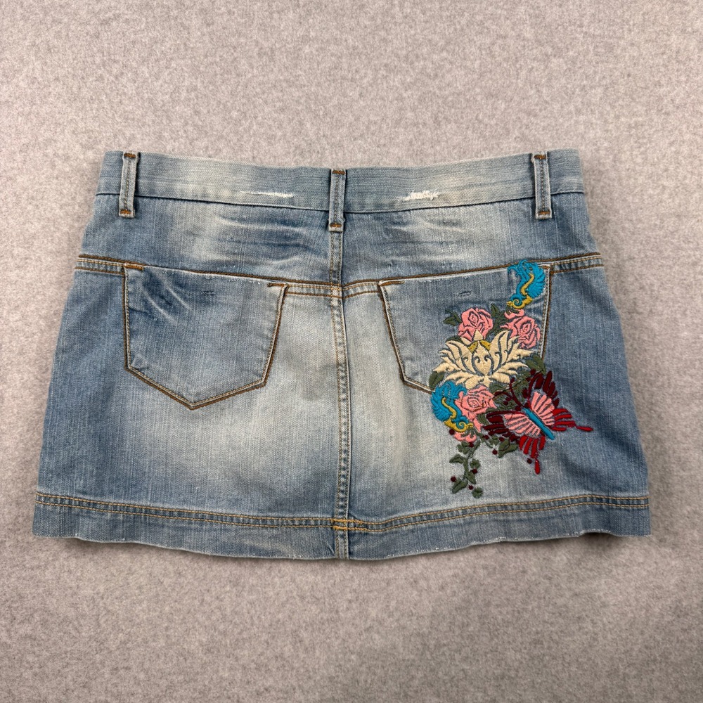 VTG Delias Skirt Womens 11 Denim Y2K Micro Mini Embroidered Festival Boho Floral